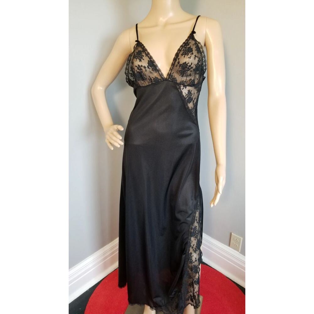 70s Black Lace Nightgown, Lady Cameo Dallas Spaghetti Strap Column Gown -M - Picture 3 of 9